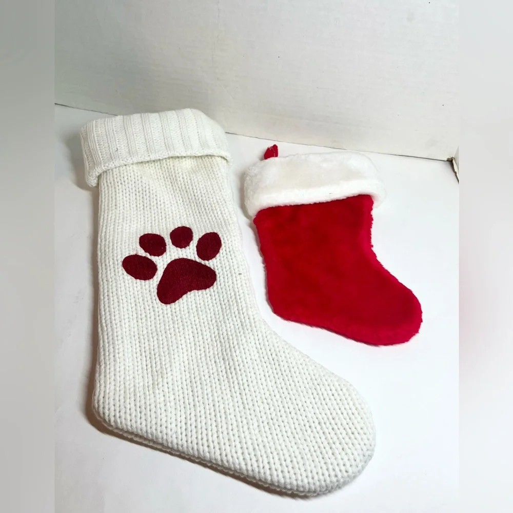 PETS - (1) WHITE KNIT CHRISTMAS STOCKING W/RED PAW PRINT/(1) MINI RED STOCKING